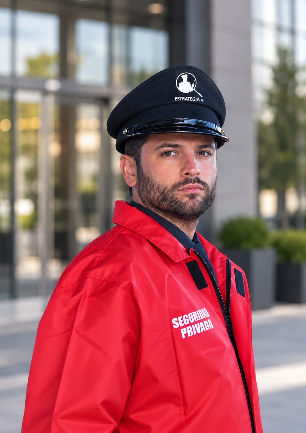 Guardia de Estrategia Security con gorra y chaqueta de seguridad privada frente a un edificio de oficinas